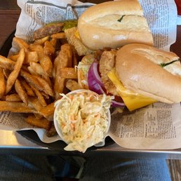Flying Fish Public Market and Grill signature dishes Mahi Melt, Build Your Own Boil, Fish Market Sandwich, Hush Puppies.